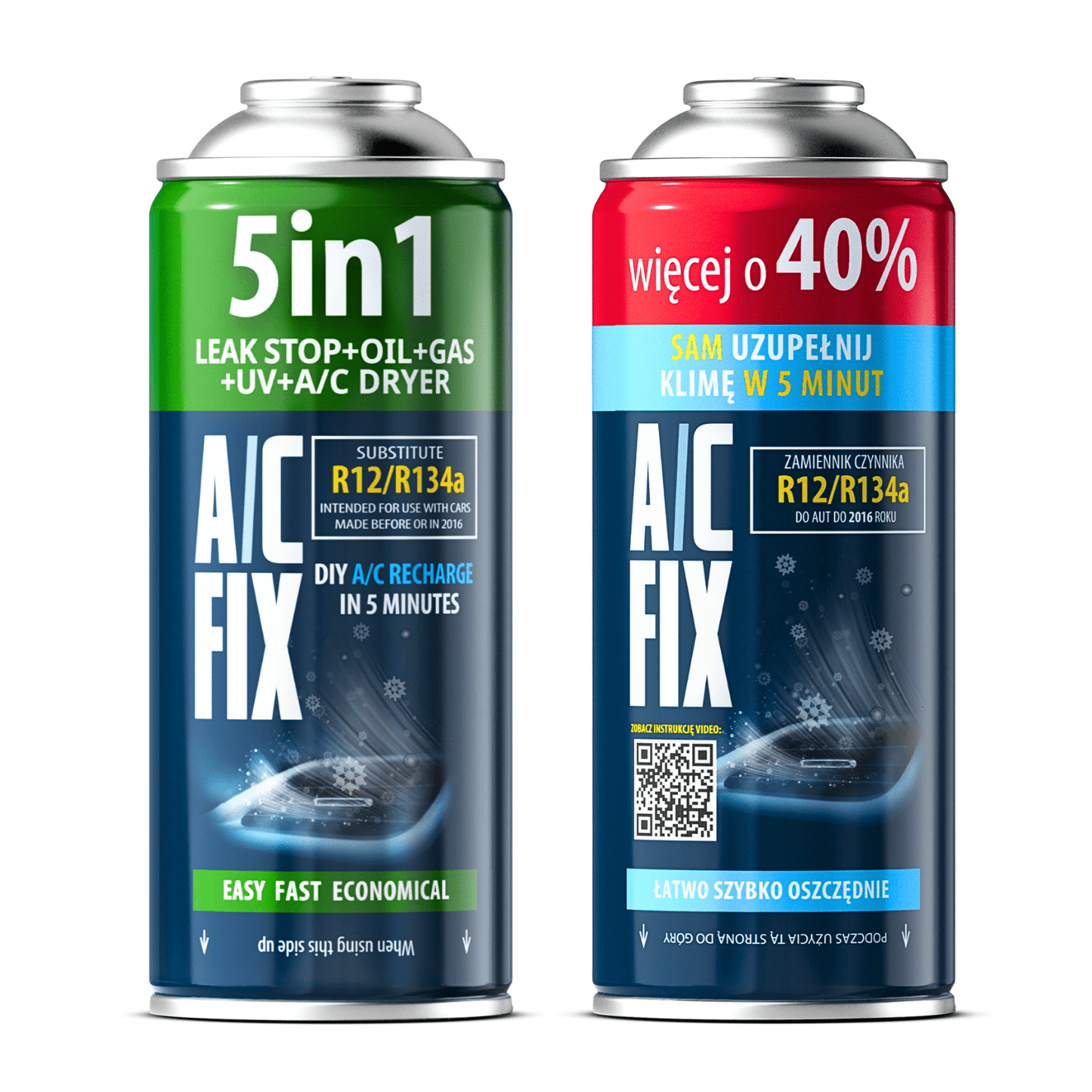 Kit 2x R134a AC FIX Refrigerante per Ricarica Condizionatore Auto, Olio, Sigillante, Colorante UV, Essiccatore A/C, Bomboletta Riutilizzabile con Valvola Filettata, Assistenza Fai da Te per Condizionatore Auto, Per Veicoli Prodotti dal 1994 al 2016, Ricar