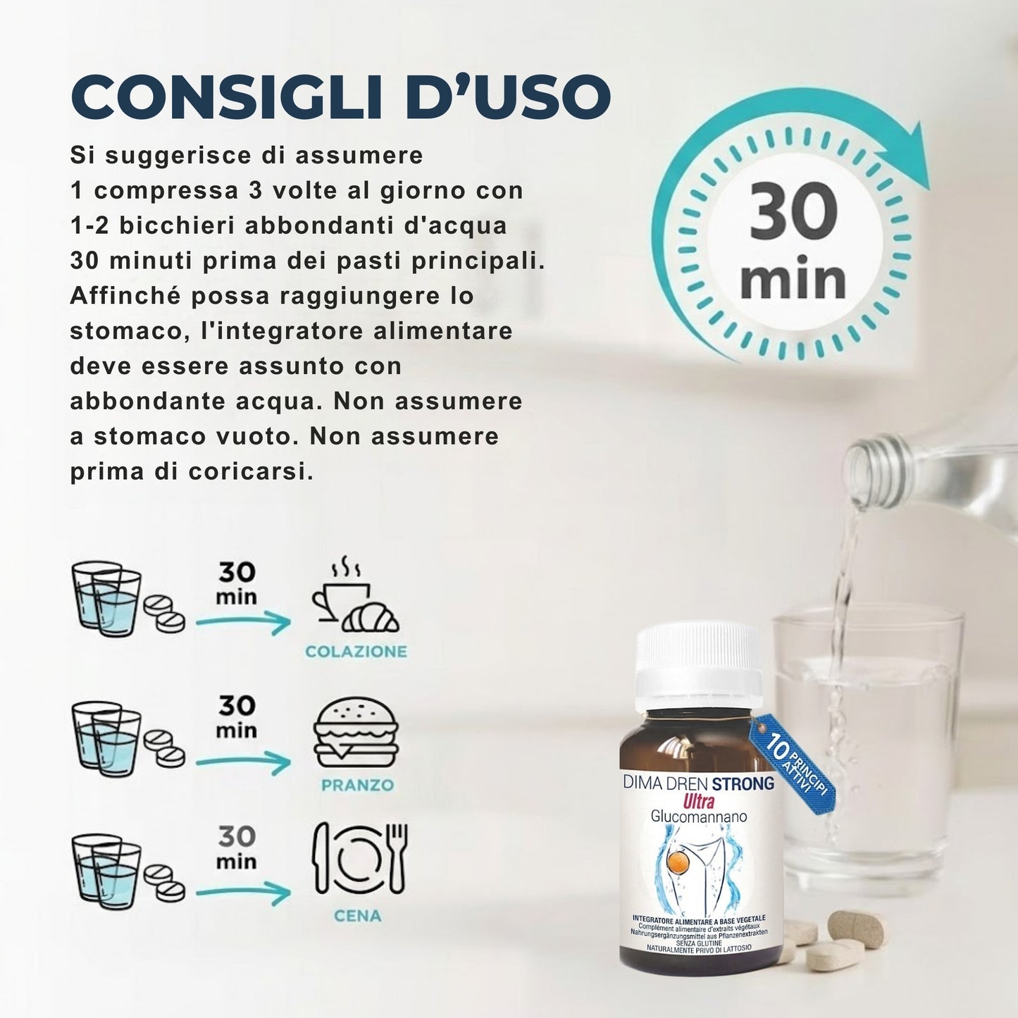 DimaDren – Integratore alimentare in compresse con Glucomannano, Bromelina, Centella, Betulla, Inulina, Tè Verde e Ortosifon