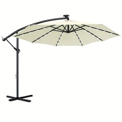 Parasole da balcone 300/350cm, parasole a sbalzo LED con manovella, parasole da giardino in alluminio con supporto, protezione solare, protezione UV, terrazza, giardino, spiaggia
