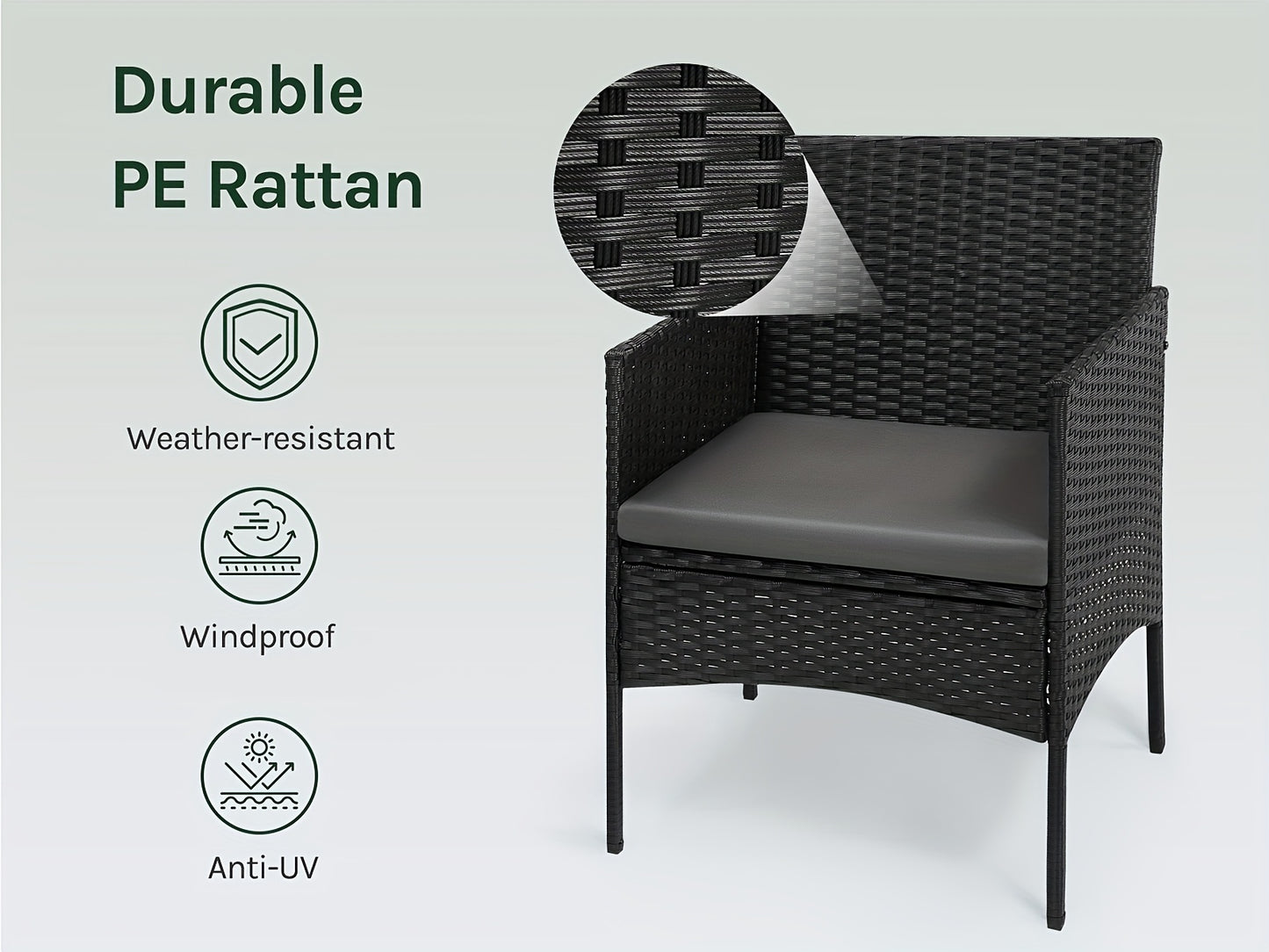 4 Pezzi Tavolo da Pranzo e Sedie per Patio, Set Lounge Giardino per Quattro con 1 Divano, 2 Poltrone Relax, 1 Tavolino Caffè ed Erogini Comode in Metallo Resistente alle Intemperie Vetro di Sicurezza Nero - Ideale per Famiglie, Riunioni, Merenda o Party s