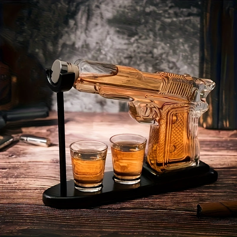 Set, caraffa da whisky da 230 ml/7.78 oz e due bicchieri da vino rosso da 50 ml/1.69 oz con base in legno, set pistola per whisky e vino, combinazione di caraffe in vetro, shaker da cocktail originale, regalo per fidanzato, papà o fratello