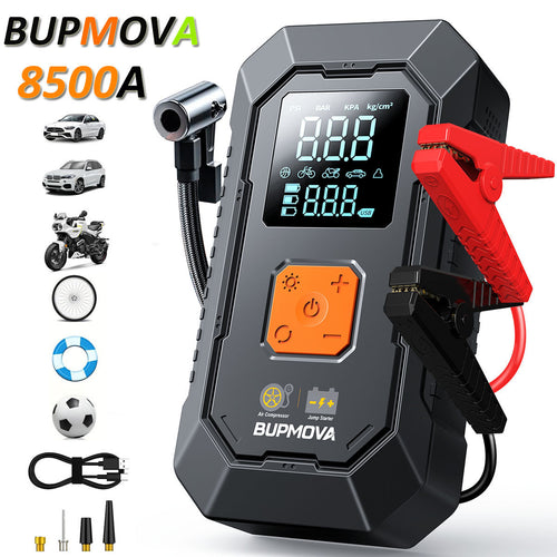 Avviatore di emergenza per auto 8500A con compressore d'aria, pompa di gonfiaggio per pneumatici senza fili, booster per batteria con power bank e torce LED, doppio display della pressione dell'aria