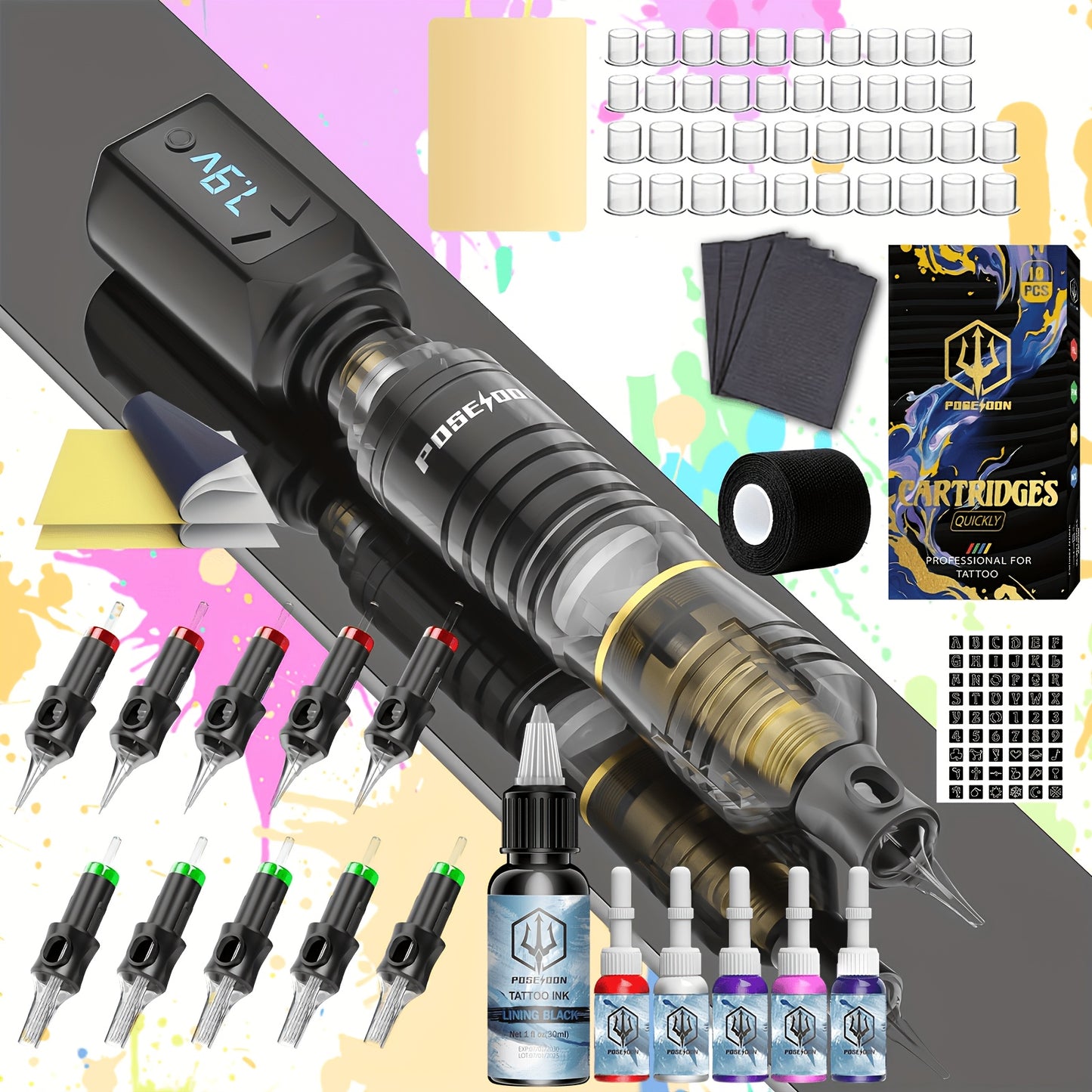 POSEIDON Kit Completo per Tatuaggio Rotativo con Display Digitale e Batteria da 1200mAh - Pistola per Tatuaggio Senza Fili con 10 Aghi e Cartucce, Kit Completo per Tatuaggio con 6 Colori di Inchiostri, Accessori per Tatuaggio per Principianti