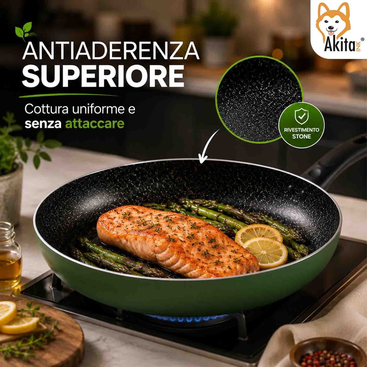 Akitaink Set 3 Padelle Antiaderenti Natura 20-24-28 cm Verde, Padelle in Alluminio con Rivestimento Antiaderente, Cottura Uniforme e Facile Pulizia