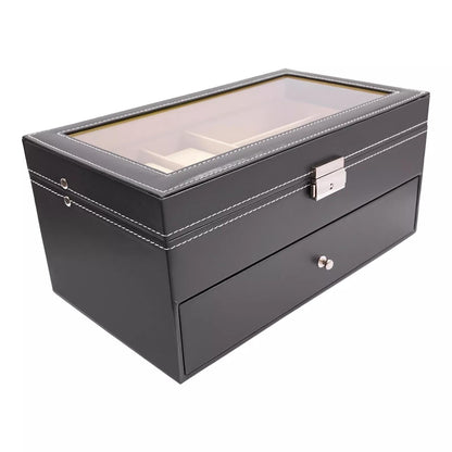 Porta Orologi in Ecopelle Nera, Custodia per Gioielli, Porta Occhiali da Vista e Porta Occhiali da Sole con Cassetto Espositore e Serratura (Porta Occhiali a 9 Scomparti e Porta Orologi a 6 Scomparti)