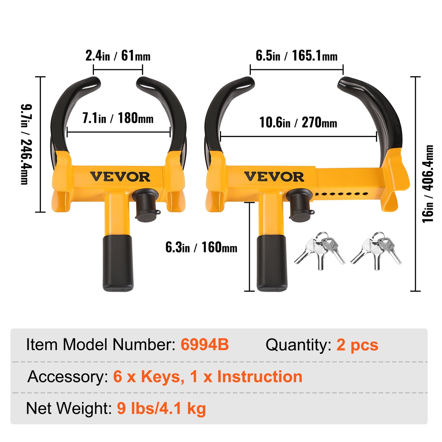 VEVOR Lucchetto per ruote, 2 confezioni di lucchetto universale per ruote, lucchetto antifurto regolabile per rimorchi con morsetto per ruote, lucchetto per pneumatici in acciaio resistente per ATV RV SUV Auto Golf Cart Barche Moto, con 6 chiavi