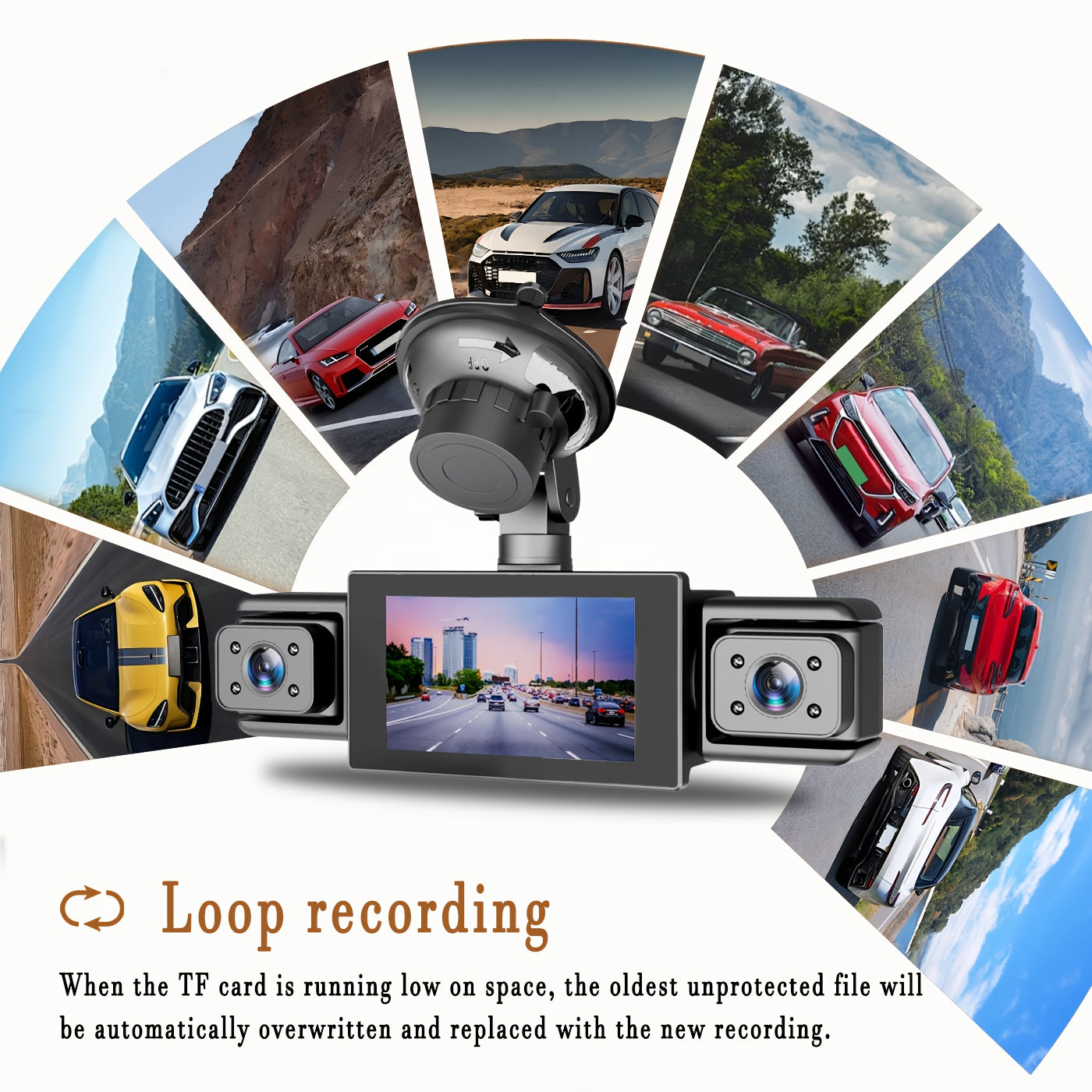 Dash Cam per auto a 4 lenti, IPS da 7,62 cm, visione notturna HD 1080P, registrazione a 360° anteriore/posteriore/sinistra/destra, alimentazione per veicolo 12-24 V, scheda di memoria opzionale, batteria ricaricabile, per taxi/camion