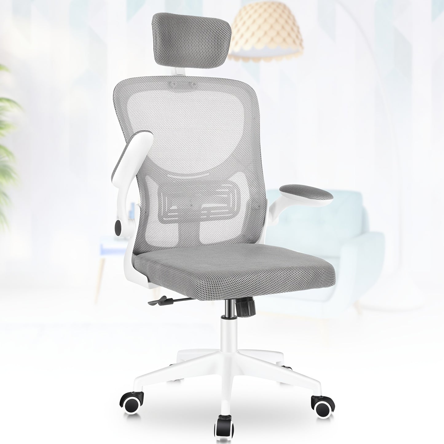 Sedia da ufficio ergonomica per scrivania computer, sedia da ufficio domestica con schienale alto, braccioli ribaltabili e supporto lombare per studio a casa o lavoro manageriale, bianco e nero