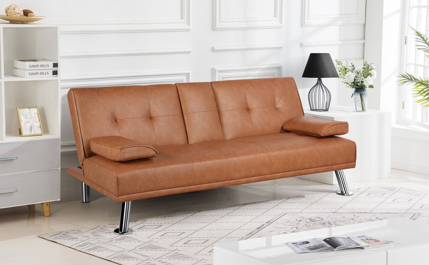 Costoffs Divano Letto a 3 Posti Divano Trasformabile con 2 Braccioli Staccabili Mobile Imbottito con Supporto Centrale Porta Bicchieri Divanetto Reclinabile da Salotto
