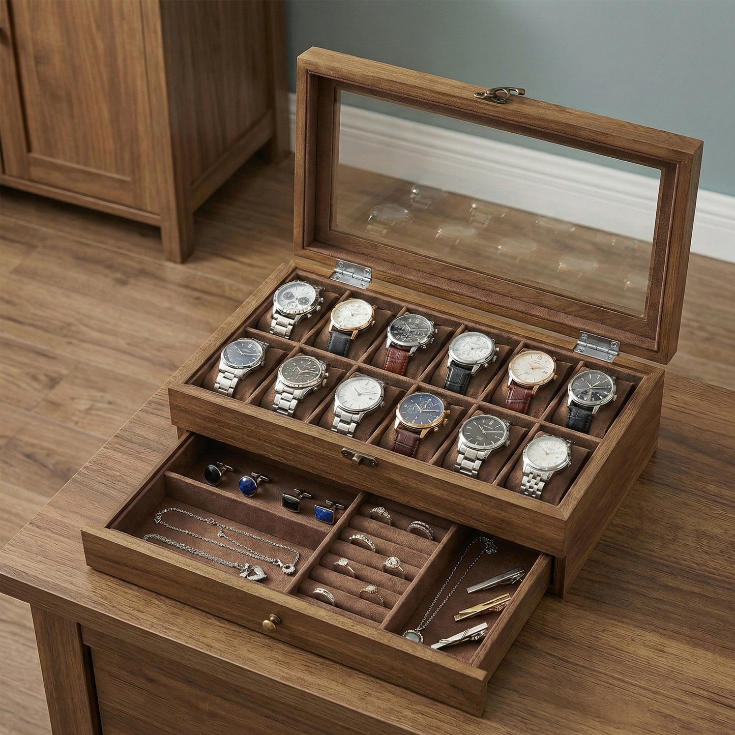 Scatola per Orologi, Porta Orologi in Legno, Scatola Portaorologi a 2 Livelli, 12 Posti, con Coperchio in Vetro, Cuscinetti per Orologi, Rivestimento in Velluto, scatola di conservazione a grande capacità per la casa, scelta ideale per i regali, scomparti