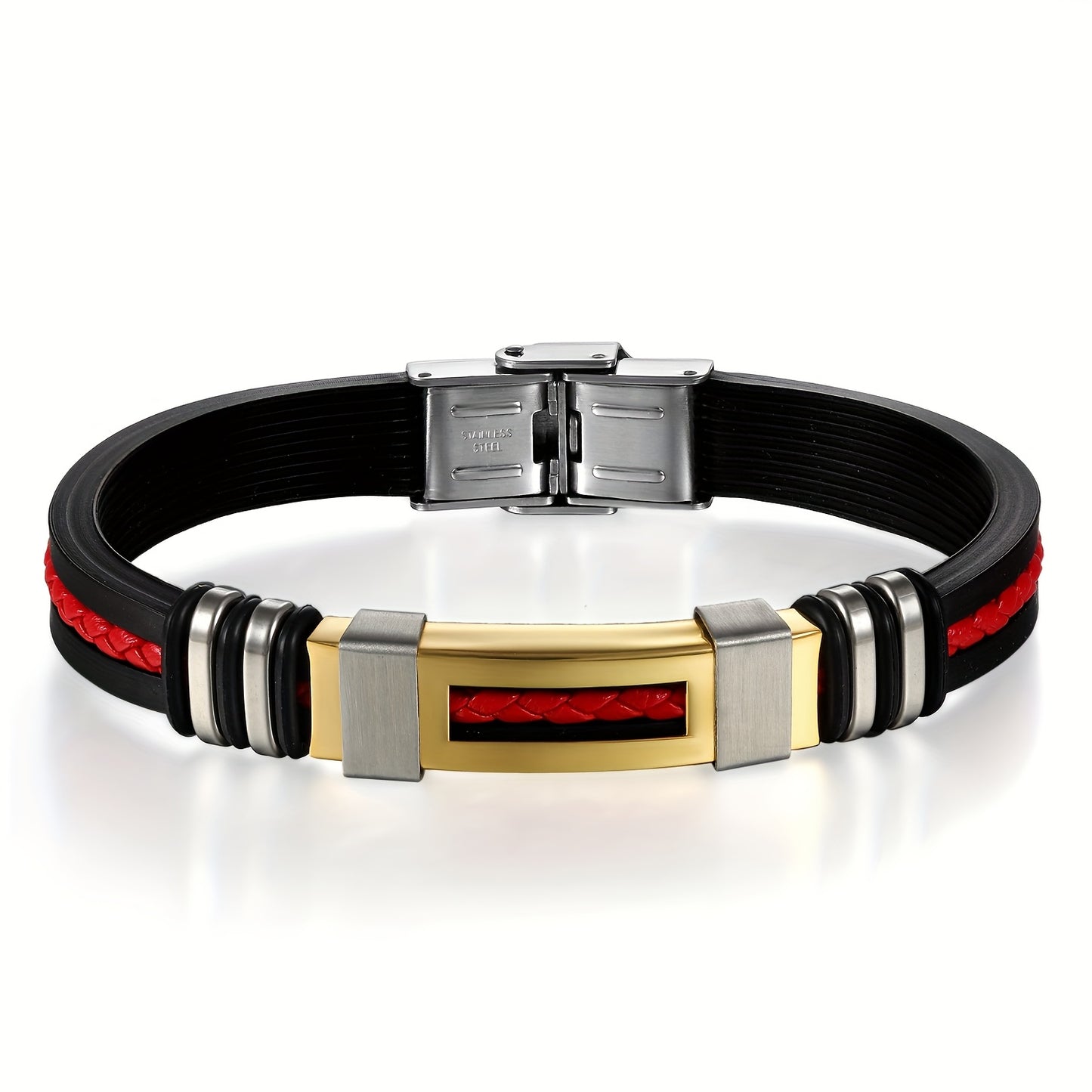 Braccialetto Uomo con Cinturino in Pelle Rossa Intrecciata e Silicone Nero - Design Sportivo Retro, Resistente e Comodo per Tutti i Giorni, Feste, Natale, San Valentino, Regalo per la Festa del Papà