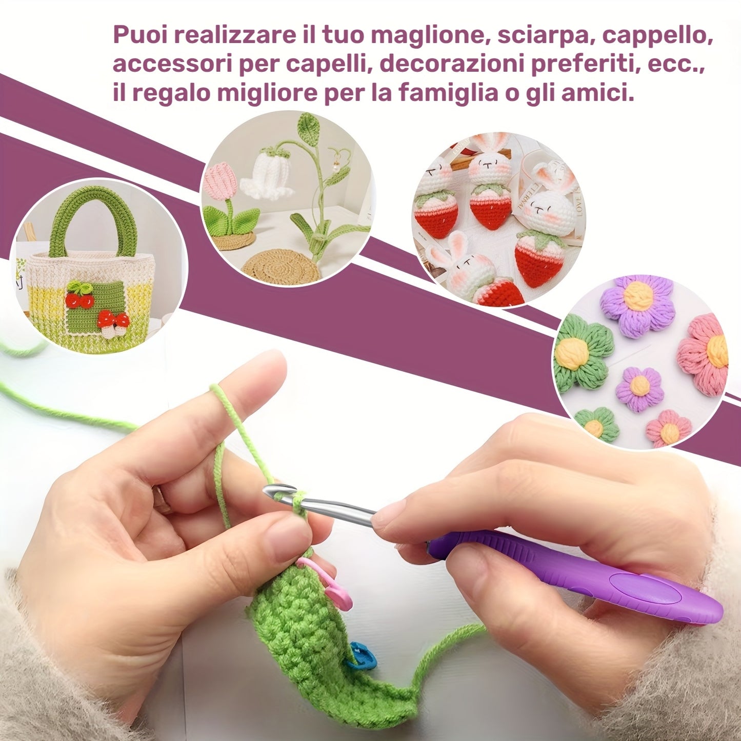 Kit per Uncinetti da 18 in 1 con Contatore e Luce LED, Chiave Grande/Piccola, Manico di Ricambio e Borsa Portautensili, Ideale per Maglia a Uncinetto e Aro