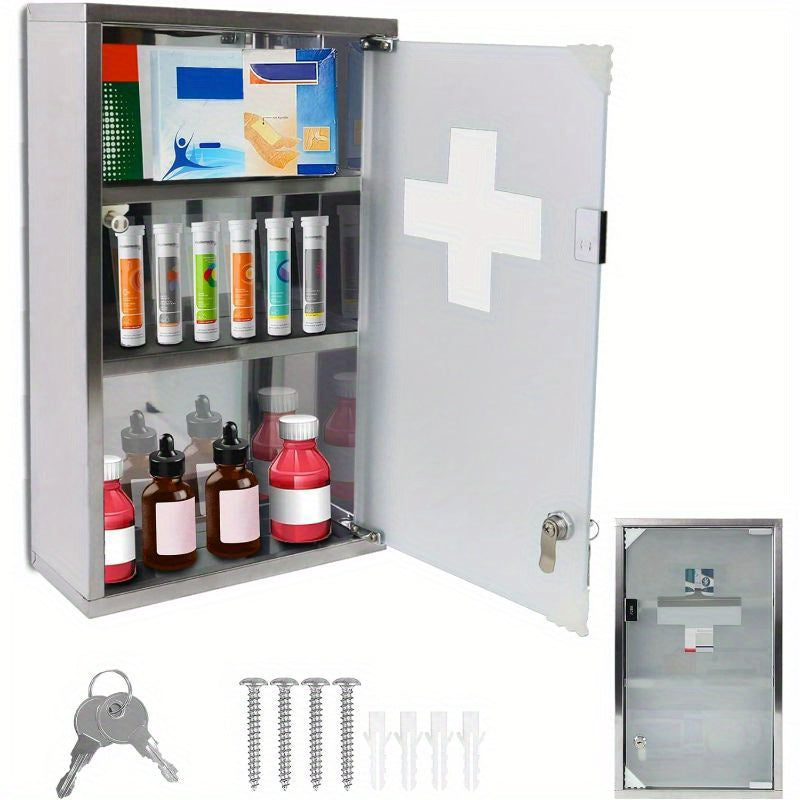 Medicina Box con Scomparti, Armadietto dei Medicinali in Vetro Smerigliato con Porta Magnetica e Porta Chiavi
