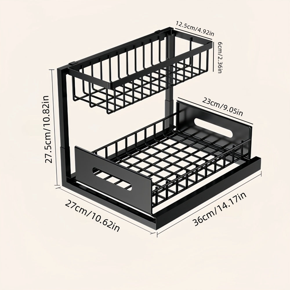 1 pz. Scaffale estraibile a doppio strato da posizionare sotto il lavandino, mensola multifunzionale in acciaio al carbonio per cucina e bagno, adatta per organizer di articoli essenziali e prodotti per la pulizia - Nero/Bianco