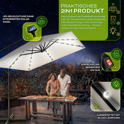 Tillvex® Tenda da Sole Rettangolare in Alluminio con LED Solare Ø 330 Cm + Copertura con Manovella | Ombrello Angolare con Luce Stradale, Supporto e Parabrezza | Grande Ombrello da Giardino in Alluminio con Protezione UV | Ombrello con Manovella, Ombrello