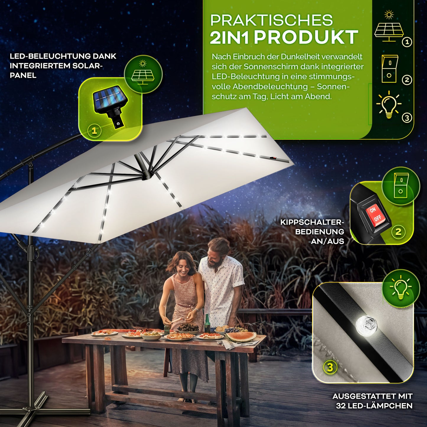 Tillvex® Tenda da Sole Rettangolare in Alluminio con LED Solare Ø 330 Cm + Copertura con Manovella | Ombrello Angolare con Luce Stradale, Supporto e Parabrezza | Grande Ombrello da Giardino in Alluminio con Protezione UV | Ombrello con Manovella, Ombrello