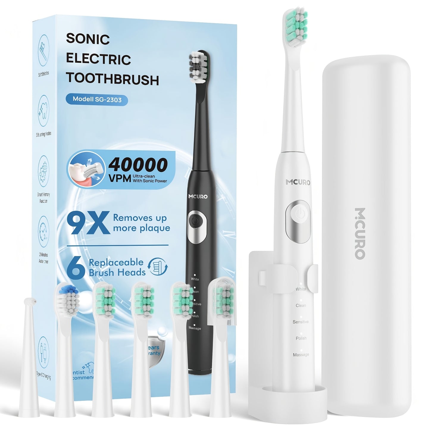 Spazzolino elettrico sonico per adulti con modalità intelligenti e ricaricabile USB, tecnologia a onde sonore adatta a denti e gengive sensibili, setole morbide, 6 testine, custodia da viaggio e supporto da parete, adatto per viaggi, regali di Natale