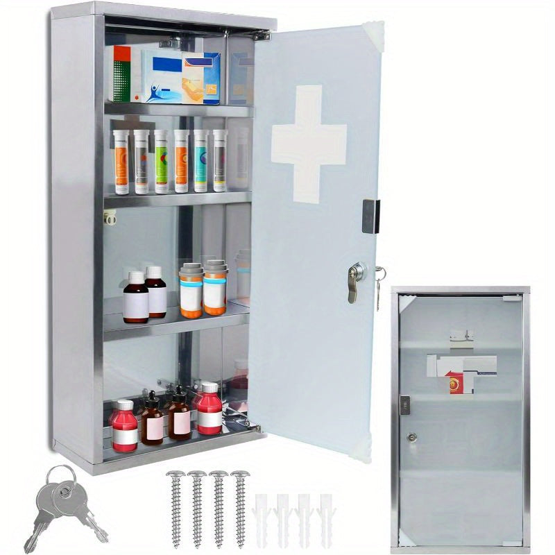 Medicina Box con Scomparti, Armadietto dei Medicinali in Vetro Smerigliato con Porta Magnetica e Porta Chiavi