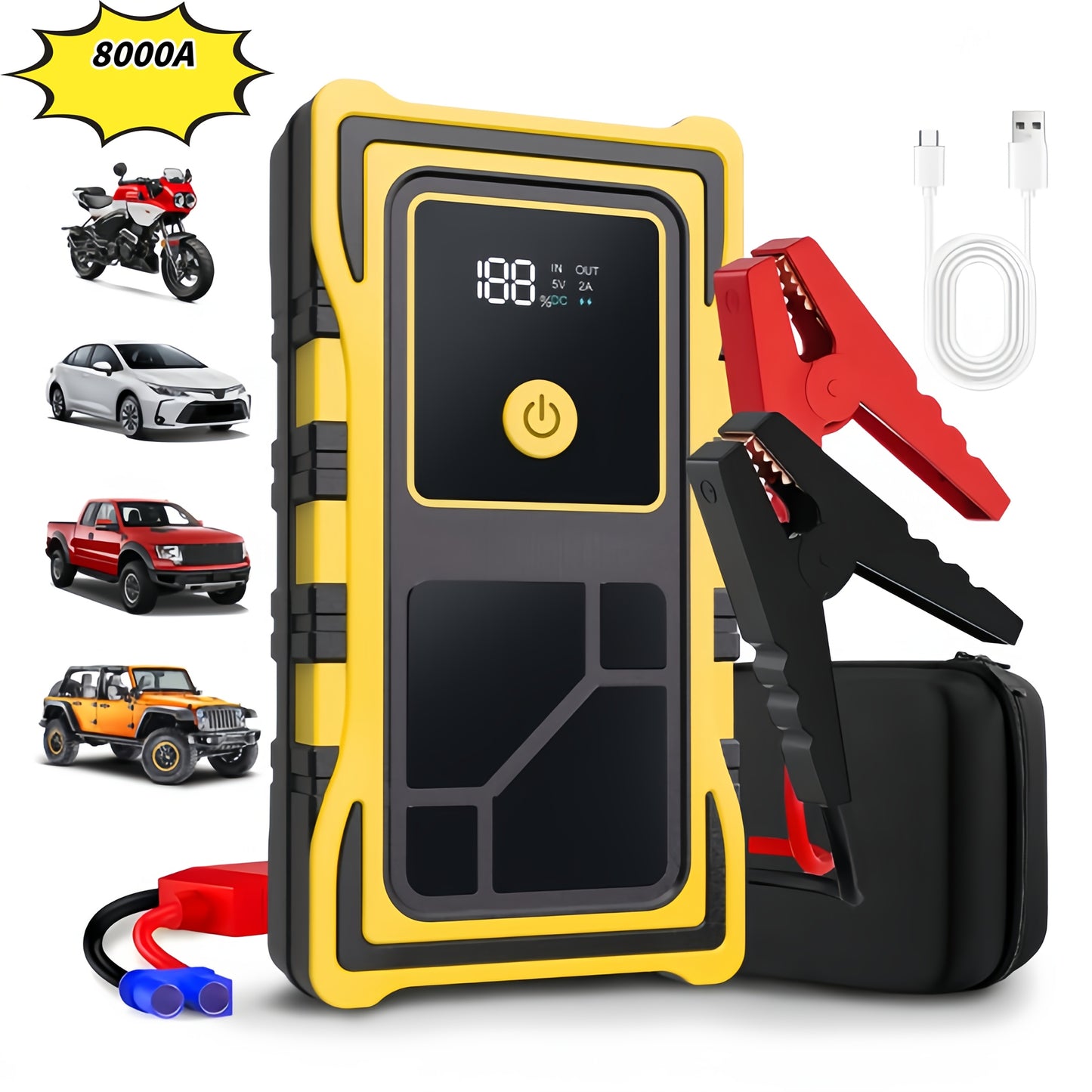 Avviatore d'emergenza per auto 6000A-8000A, display a LED, torcia a LED, ricarica rapida USB, batteria integrata ad alta capacità, portatile e facile da usare, avviatore per auto
