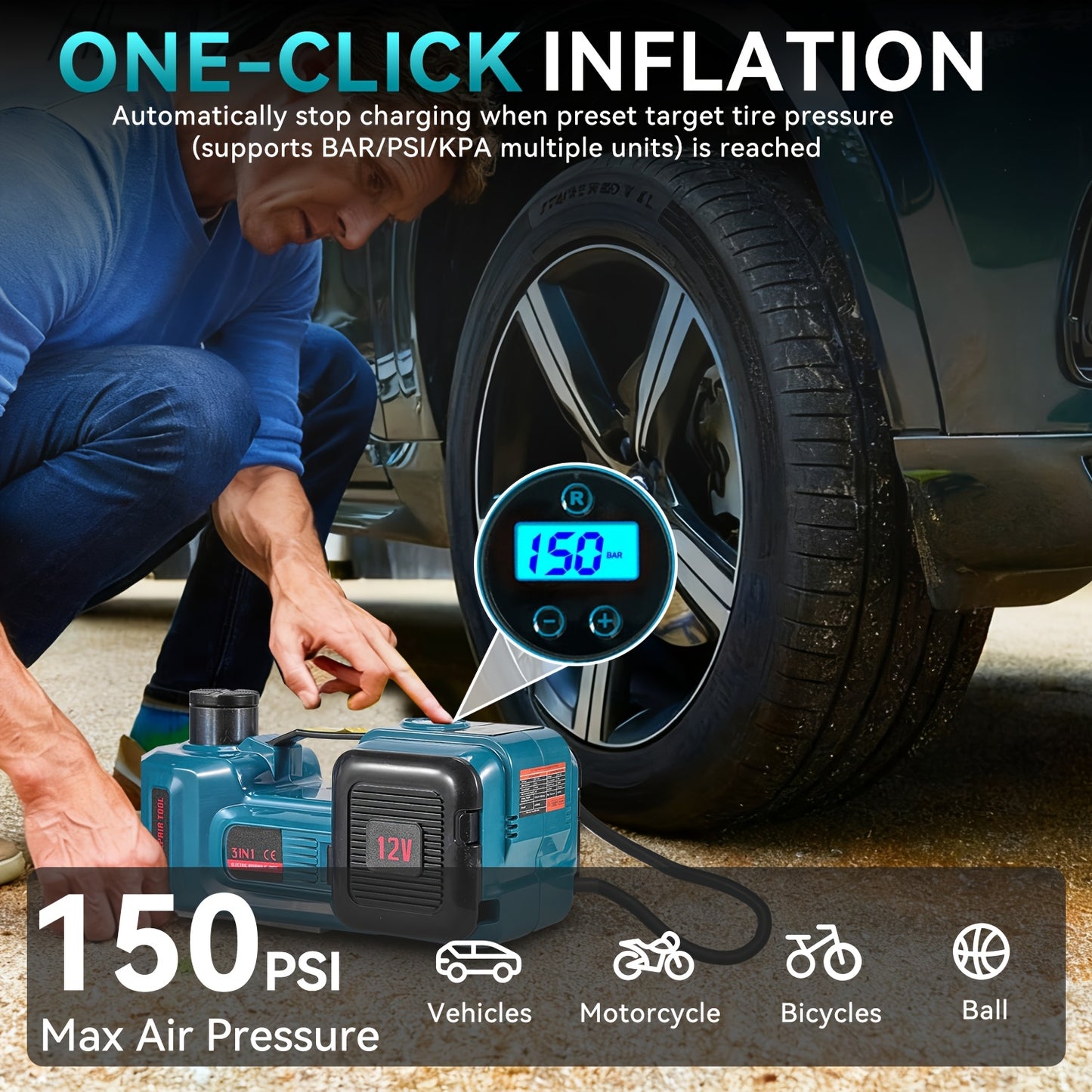 Cric idraulico da 5 tonnellate con pompa gonfiabile e luce LED, martinetto idraulico elettrico per auto 12V, escursione di sollevamento 14,5-53 cm, display digitale, martinetto da pavimento portatile per auto, SUV, berline, monovolume, camion, cambio gomm