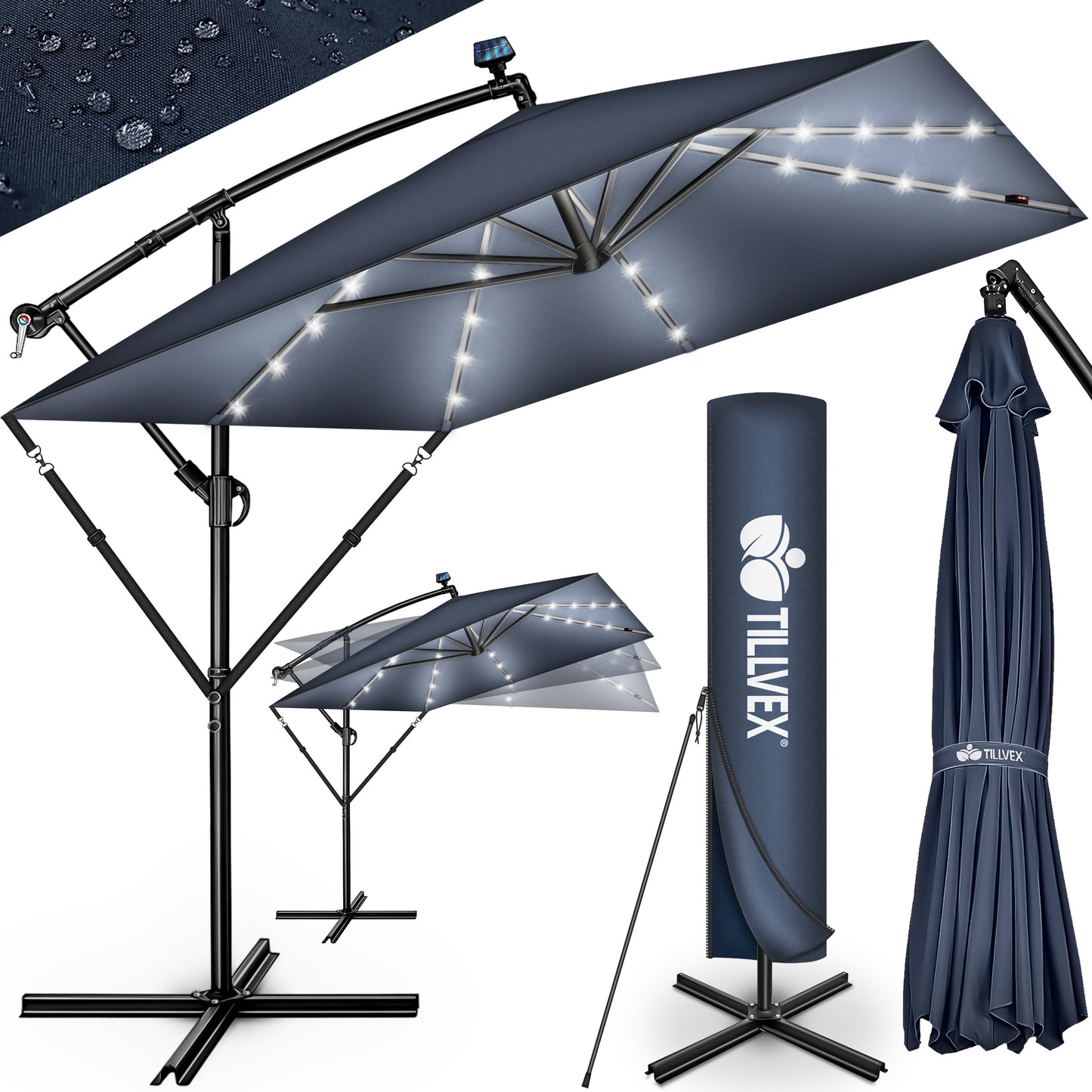 Tillvex® Tenda da Sole Rettangolare in Alluminio con LED Solare Ø 330 Cm + Copertura con Manovella | Ombrello Angolare con Luce Stradale, Supporto e Parabrezza | Grande Ombrello da Giardino in Alluminio con Protezione UV | Ombrello con Manovella, Ombrello