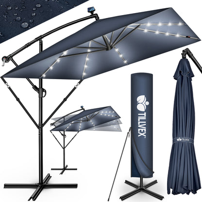 Tillvex® Tenda da Sole Rettangolare in Alluminio con LED Solare Ø 330 Cm + Copertura con Manovella | Ombrello Angolare con Luce Stradale, Supporto e Parabrezza | Grande Ombrello da Giardino in Alluminio con Protezione UV | Ombrello con Manovella, Ombrello