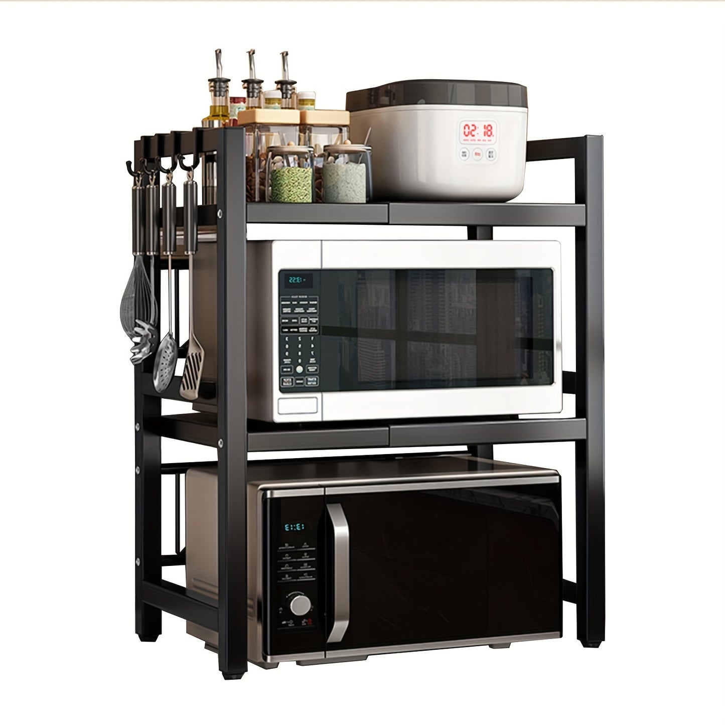 Scaffale da microonde a 3 livelli regolabile e resistente, scaffale orizzontale di estensione per cucina, scaffale per posacenere, materiale in acciaio al carbonio nero opaco, dotato di 6 ganci, artefatto multifunzionale a doppio uso per casa e ufficio, s