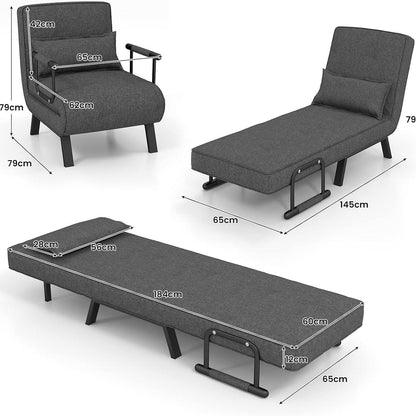 4 in 1 Poltrona Letto Singolo, Poltroncina Pieghevole con Schienale Regolabile in 6 Posizioni, Sedile Imbottito Robusto, Divano Letto per Casa Ufficio, 79x65x79 cm