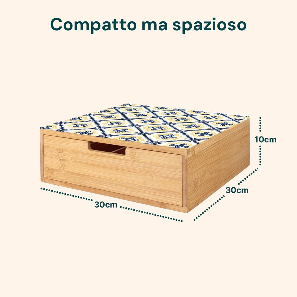 Porta cialde Organizer Bambù per Cialde con Vetro Temperato Organizer Capsule Caffè Cassetto Porta Oggetti Cassetto Minuteria Mobiletto Porta Tè Cassetto Cucito 4 Scomparti Separati
