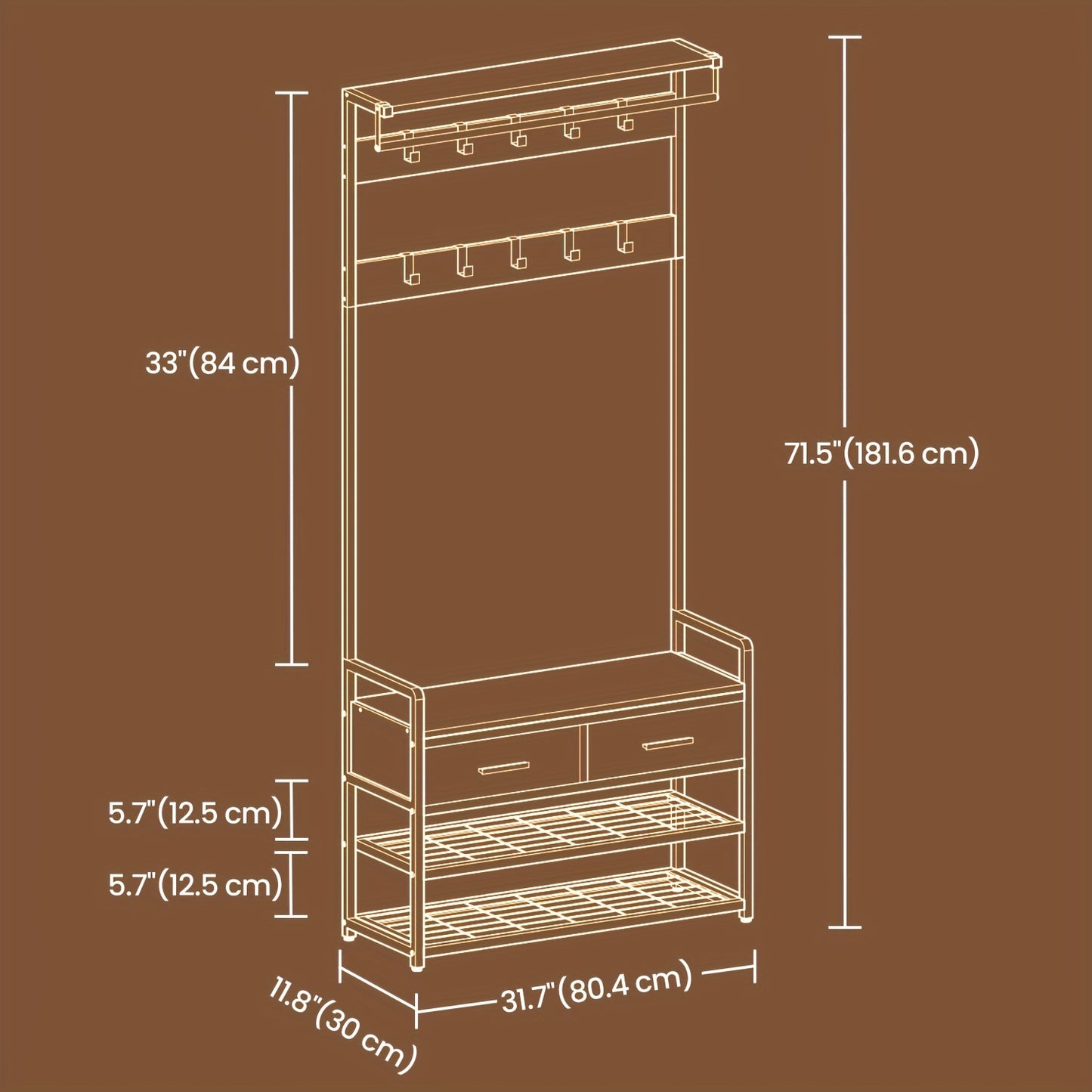 Portaoggetti con Panchina e Scarpiattolo, Appendiabiti per Ingresso con 2 Cassetti in Tessuto, 10 Ganci, 30 x 80.4 x 181.6 cm