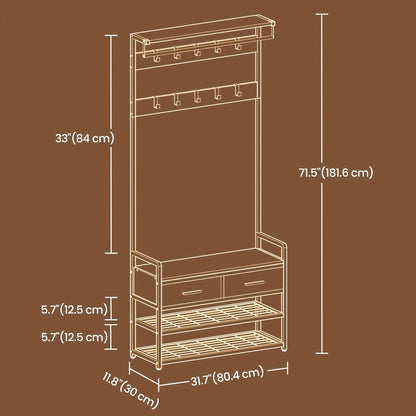 Portaoggetti con Panchina e Scarpiattolo, Appendiabiti per Ingresso con 2 Cassetti in Tessuto, 10 Ganci, 30 x 80.4 x 181.6 cm