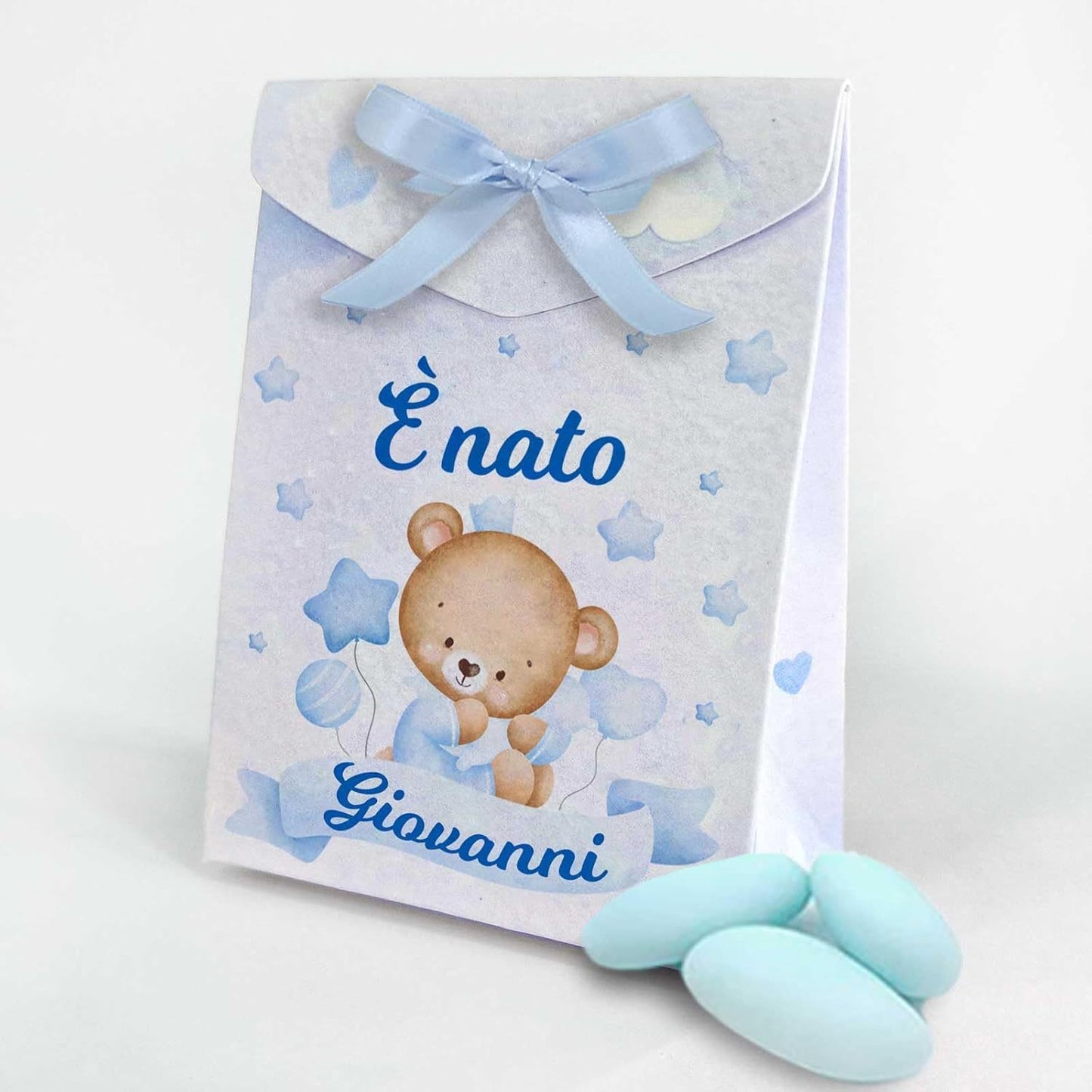 Set 8 Scatoline Bomboniere personalizzate con nome, Prima Nascita, Baby shower, scatole Portaconfetti + 4 mt. nastro raso, Festa nascita bimbo orsetto blu