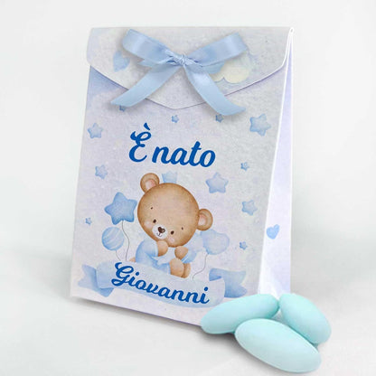 Set 8 Scatoline Bomboniere personalizzate con nome, Prima Nascita, Baby shower, scatole Portaconfetti + 4 mt. nastro raso, Festa nascita bimbo orsetto blu