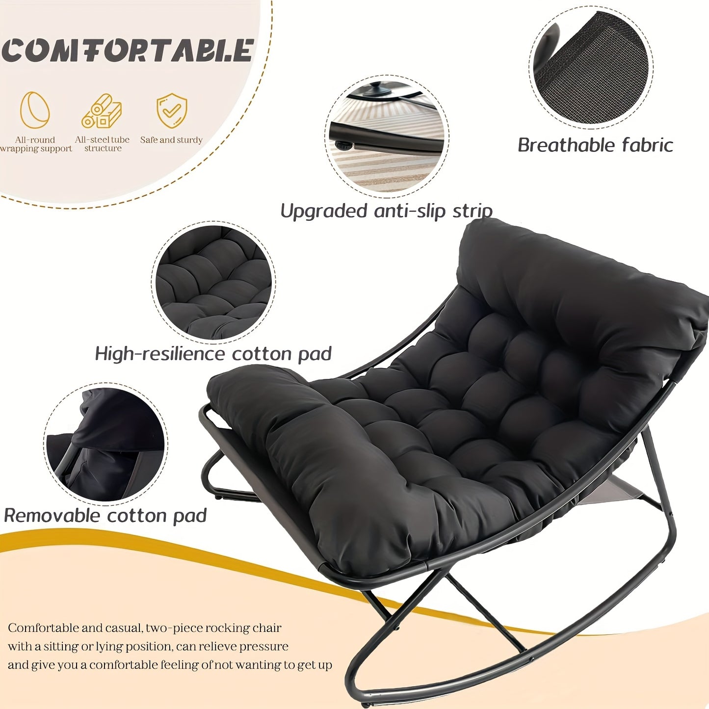 Poltrona a Dondolo per Soggiorno Moderna con Funzione Reclinabile, Poltrona a Dondolo per Casa, Dondolo di Lusso per da Letto, Disponibile nei Colori Nero e Grigio, Perfetta per il Tempo Libero in Famiglia, Regalo Ideale per le Vacanze, Adatta a Tutte e Q