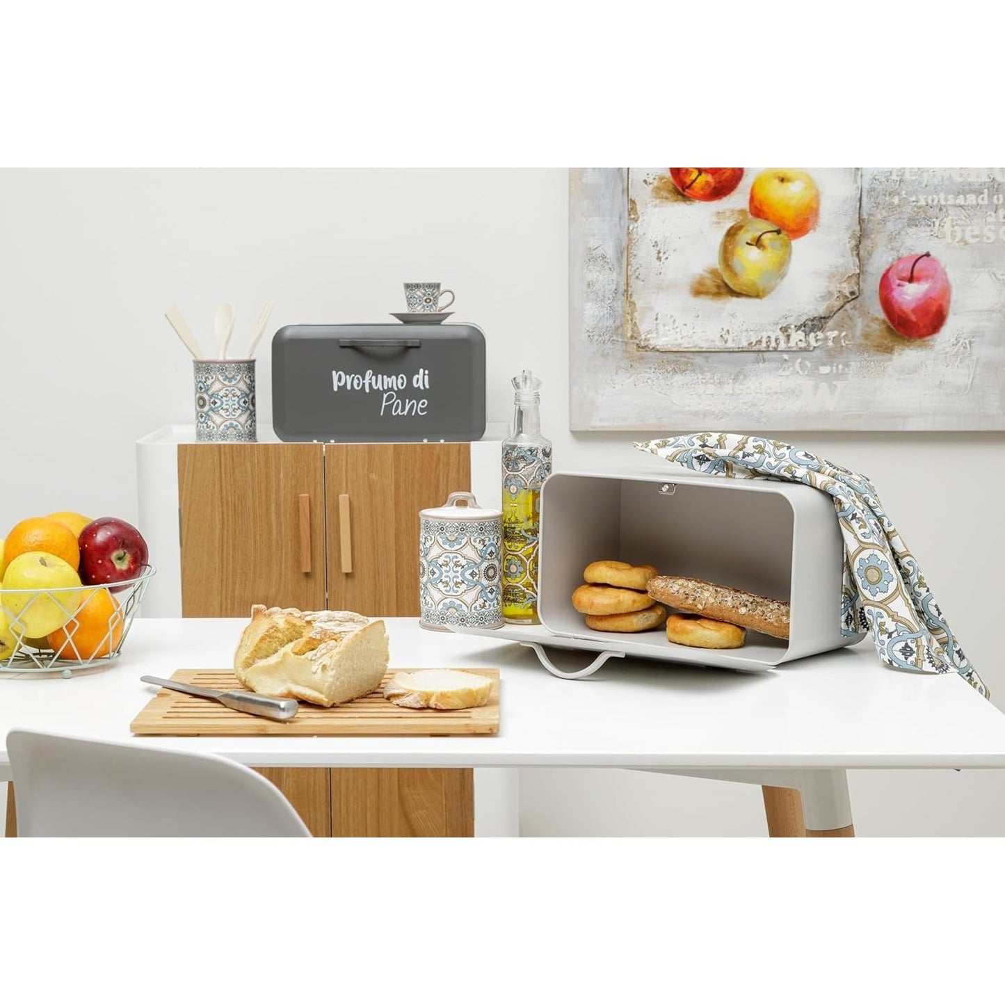 Baroni Home Portapane Grigio Antracite | Beige con Apertura Frontale e Chiusura Ermetica 34x19x17 cm, Cassetta Pane in Metallo, Scatola Contenitore per Pane e Panini Proteggi Freschezza, Anti-mosche, Ideale per Pane Fatto in Casa, Porta-Pane Design Modern