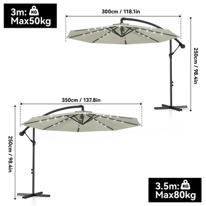 Ombrellone da giardino 3/3.5M, rotazione a 360°, con inclinazione a manovella a 45° per patio, piscina, balcone, con LED solare