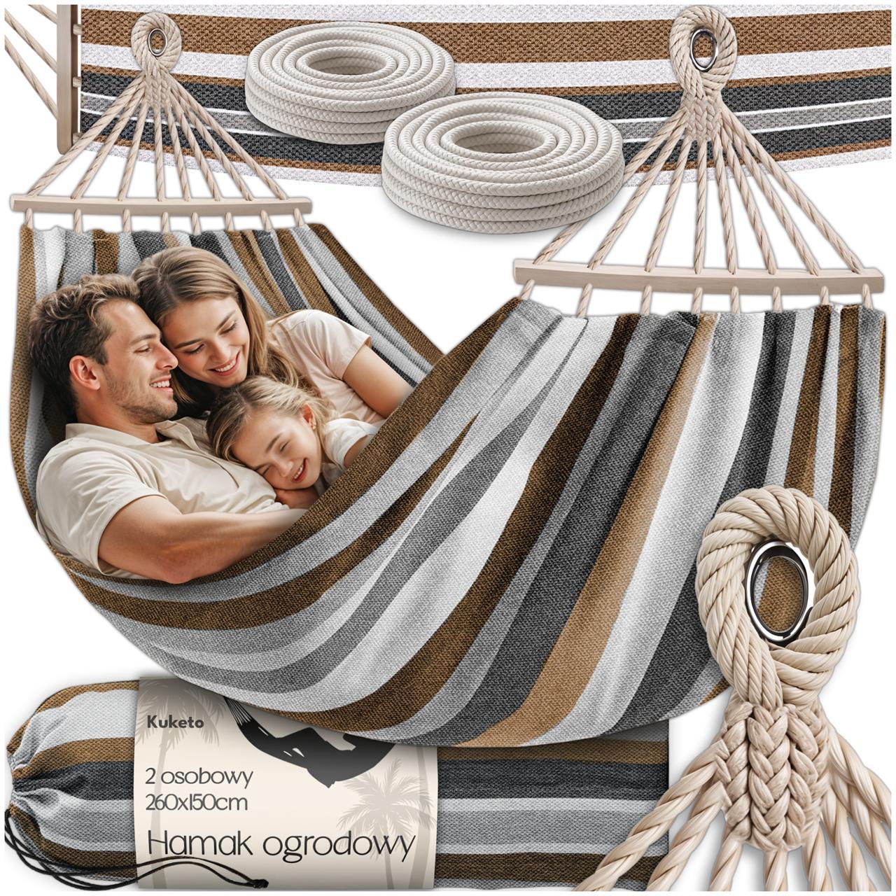 Kuketo - Amaca da giardino XXL per 2 persone 260x150 cm con asta in legno, amaca da viaggio con copertura per balcone, terrazza, giardino, orto, materiale durevole in cotone-poliestere, amaca stabile e robusta per relax, campeggio, viaggio, altalena da gi