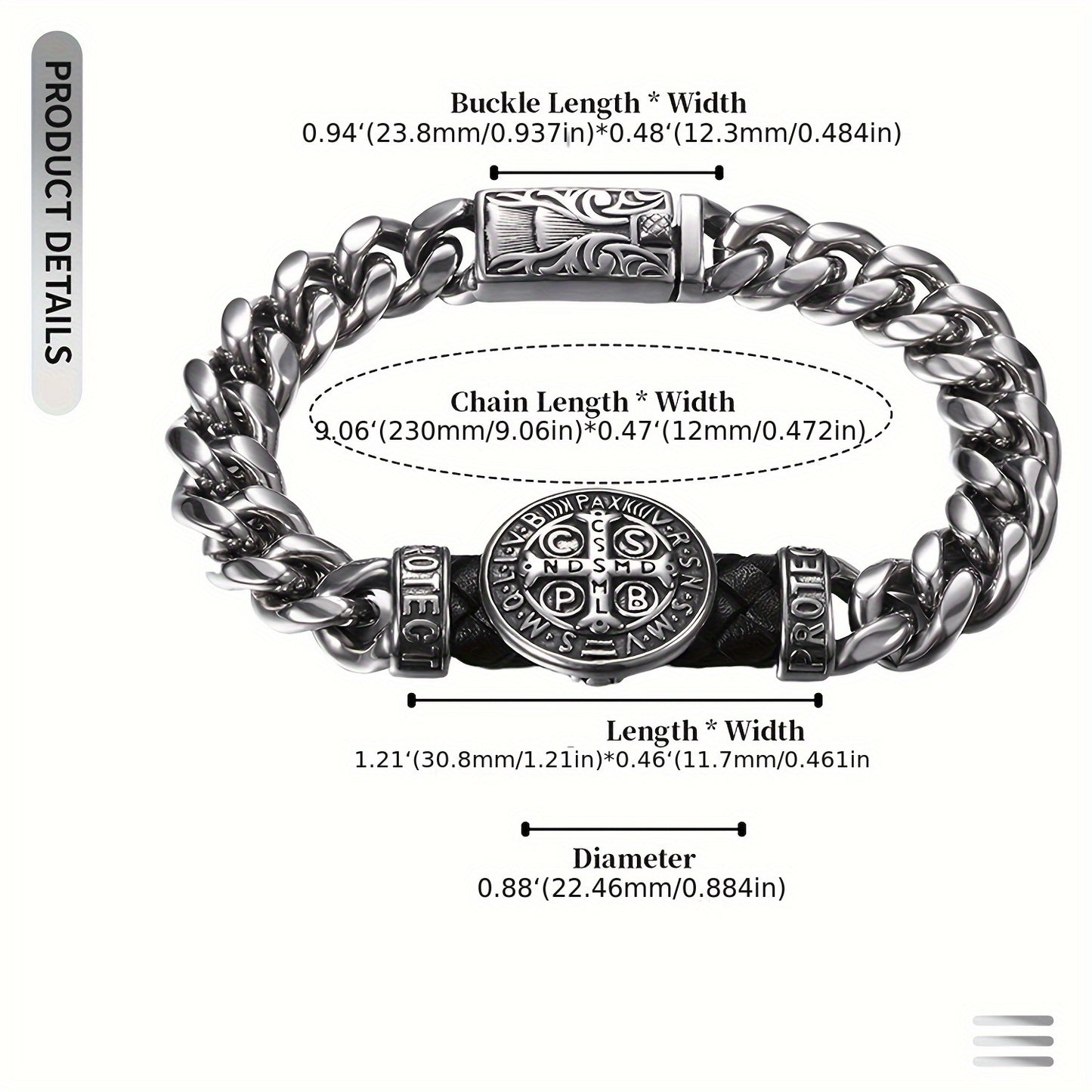 Bracciale di San Benedetto: Braccialetto in Acciaio Inossidabile con Catena Cubana da 9 Pollici - Medaglia di San Benedetto, Bracciale Cattolico Uomo, Catena Pesante Argentata per Biker