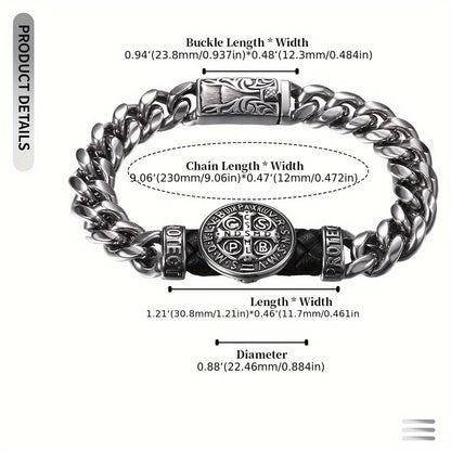 Bracciale di San Benedetto: Braccialetto in Acciaio Inossidabile con Catena Cubana da 9 Pollici - Medaglia di San Benedetto, Bracciale Cattolico Uomo, Catena Pesante Argentata per Biker