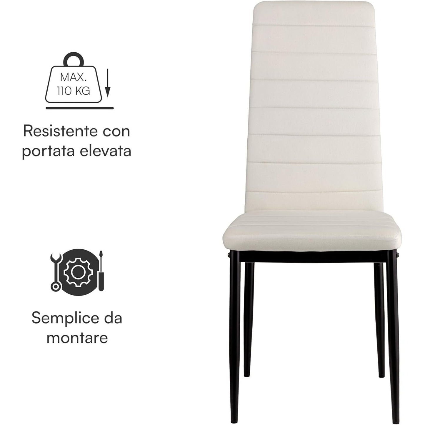 Baroni Home Set di 4 Sedie da Pranzo con Schienale Alto e Seduta Ergonomica con Cuciture Decorative, Sedie Eleganti Imbottite in Ecopelle o velluto con Struttura in Acciaio, 40X48X96 cm