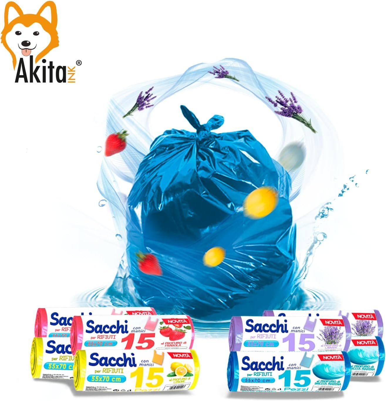 Akitaink Sacchi spazzatura Antiforo con Manici - Profumati - 120 pz da 45L | Misure 55x70cm | Vari Profumi: Brezza Marina, Fragola, Limone e Lavanda Made in Italy