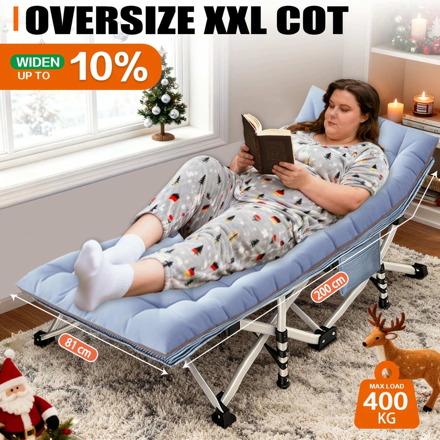 Lettino da campeggio pieghevole portatile XXL misura 200 cm x 190 cm, con materasso rimovibile e capacità di supporto fino a 300 kg e 400 kg. Non richiede installazione ed è ideale per uso esterno, campeggio, tende, uffici, case.