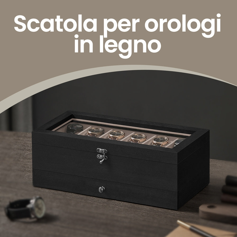 Scatola per Orologi, Porta Orologi in Legno, Scatola Portaorologi a 2 Livelli, 12 Posti, con Coperchio in Vetro, Cuscinetti per Orologi, Rivestimento in Velluto, scatola di conservazione a grande capacità per la casa, scelta ideale per i regali, scomparti