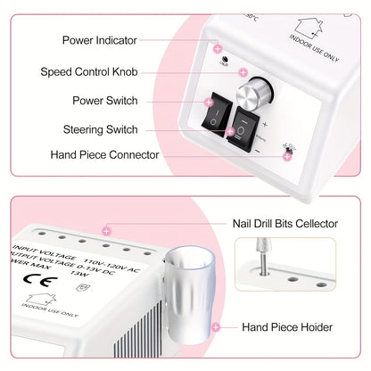 Fresatrice elettrica per unghie 20000RPM, set per unghie in acrilico, lima per unghie, rimozione smalto gel per manicure con 1 confezione di strisce abrasive, lega di alluminio