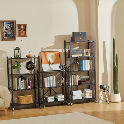 Scaffale pieghevole a 3 ripiani con ruote, scaffalatura pieghevole in metallo, carrello con ruote per riporre libri, scaffalatura pieghevole in metallo per dispensa e armadio, organizer per ufficio - Bianco/Nero
