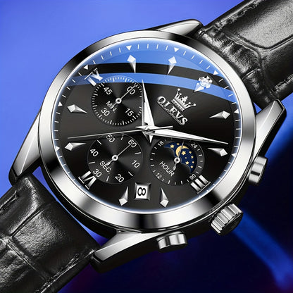 OLEVS Orologio da Uomo Classico Cronografo Cuoio Marrone Cassa Dorata Analogico Quarzo Moda Business Abito Quadrante Grande Orologio da Uomo Giorno Data Luminoso Casual Orologio da Polso Maschile Regali Romantici Relojes De Hombre Quadrante Blu/Nero/Bianc