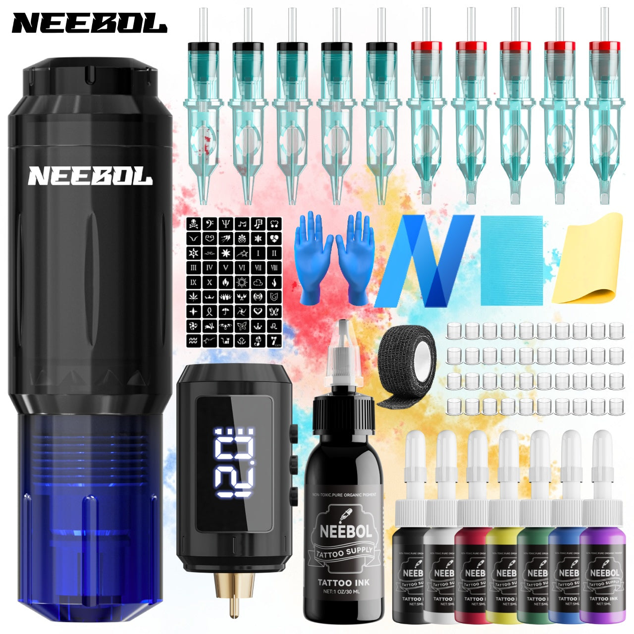 Kit Pistola per Tatuaggi Wireless Neebol, Penna Rotativa per Tatuaggi con Schermo Digitale, Batteria da 1500mAh, Attrezzatura Portatile per Tatuaggi, Aghi a Cartuccia, Inchiostro, Macchina per Tatuaggi Senza Fili per Principianti e Artisti, Regalo per Bod