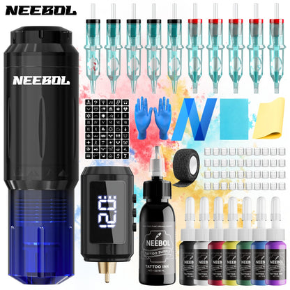 Kit Pistola per Tatuaggi Wireless Neebol, Penna Rotativa per Tatuaggi con Schermo Digitale, Batteria da 1500mAh, Attrezzatura Portatile per Tatuaggi, Aghi a Cartuccia, Inchiostro, Macchina per Tatuaggi Senza Fili per Principianti e Artisti, Regalo per Bod