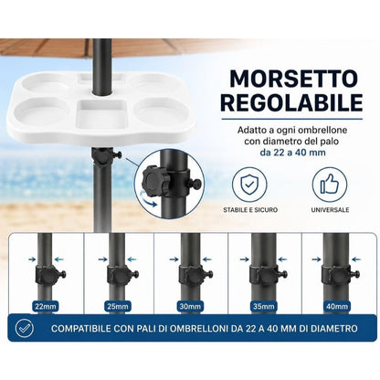 Cecaro Group Tavolino Porta Oggetti per Ombrellone 35x35 cm – Tavolo Universale con Morsetto Regolabile 22-40 mm – Ideale per Mare, Spiaggia, Giardino e Piscina