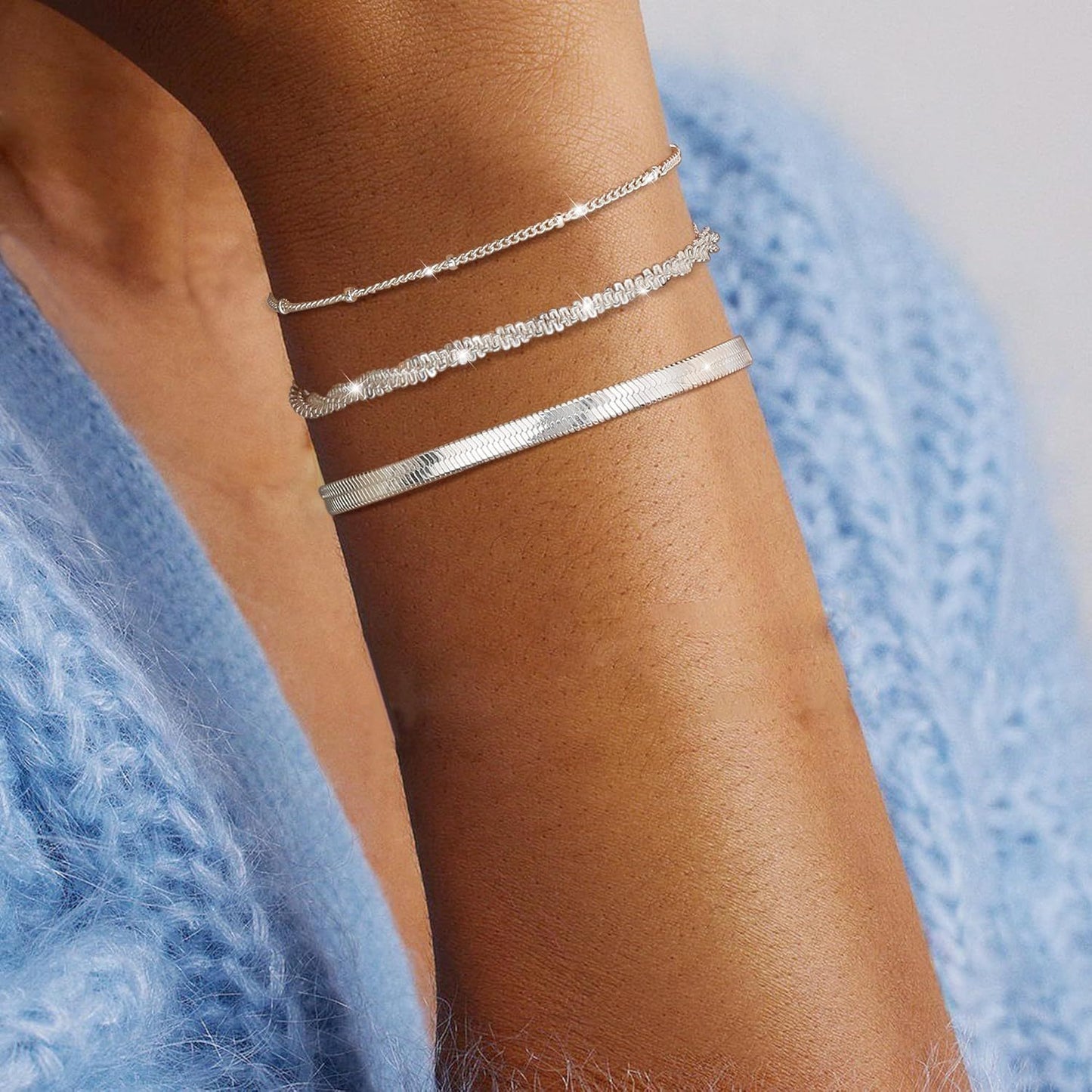 3 Pezzi Bracciali in Argento 925 per Donne, Collane a Catena Sottili e Regolabili con Perline Sovrapponibili